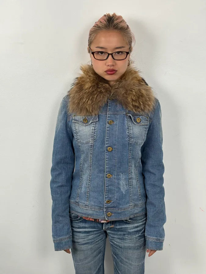 AW2005 Dolce & Gabbana Blue Denim Distressed Fur-Collar Jacket AqugPJG 0