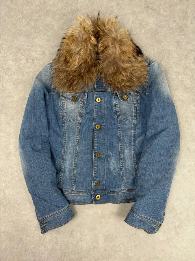 AW2005 Dolce & Gabbana Blue Denim Distressed Fur-Collar Jacket AqugPJG 2
