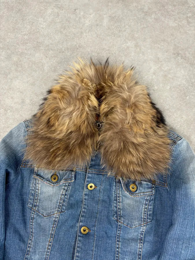 AW2005 Dolce & Gabbana Blue Denim Distressed Fur-Collar Jacket AqugPJG 3