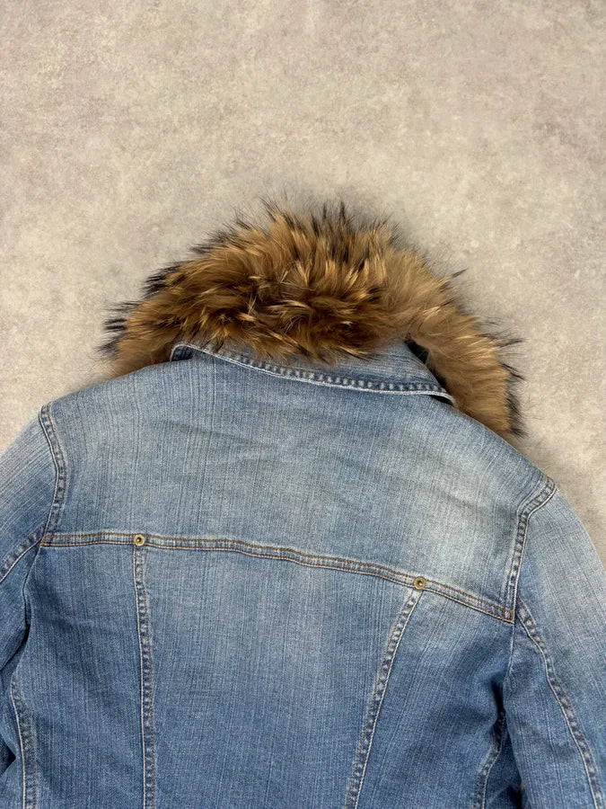 AW2005 Dolce & Gabbana Blue Denim Distressed Fur-Collar Jacket AqugPJG 5