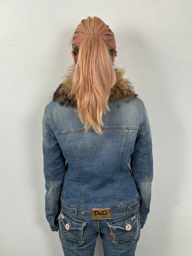 AW2005 Dolce & Gabbana Blue Denim Distressed Fur-Collar Jacket AqugPJG 1