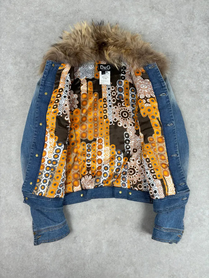 AW2005 Dolce & Gabbana Blue Denim Distressed Fur-Collar Jacket AqugPJG 6