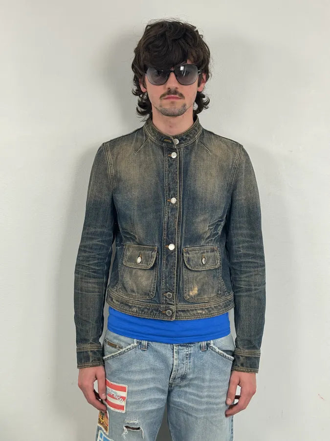 2000s Dolce & Gabbana Faded Blue Officer Cropped Denim Jacket  RvynjVO 1