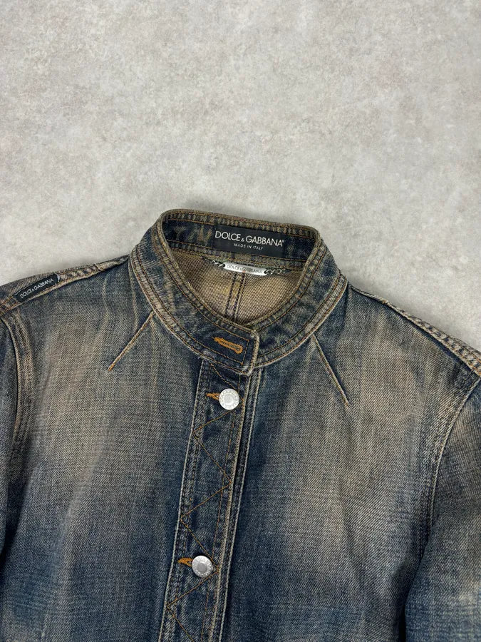 2000s Dolce & Gabbana Faded Blue Officer Cropped Denim Jacket  RvynjVO 3