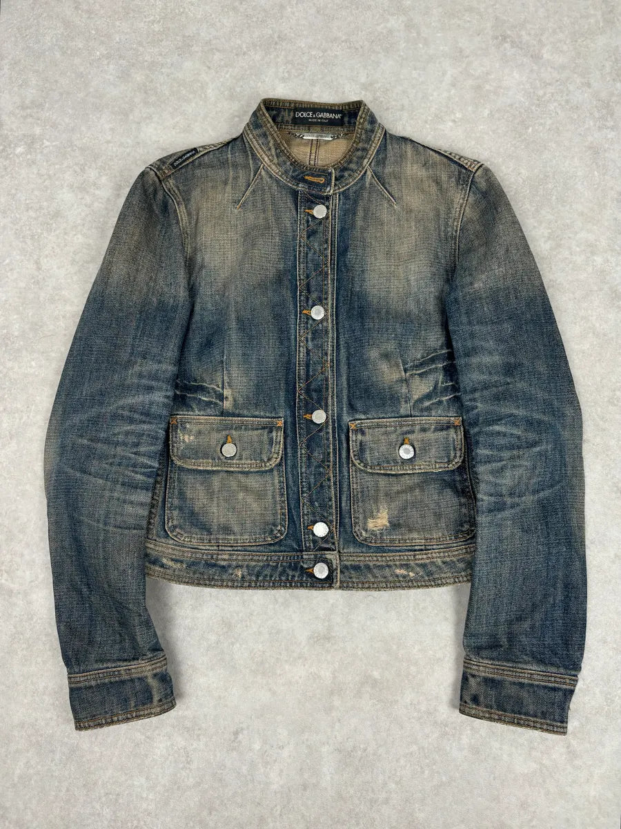 2000s Dolce & Gabbana Faded Blue Officer Cropped Denim Jacket  RvynjVO 0