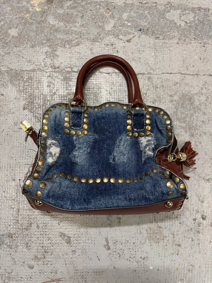 Dolce & Gabbana Blue Distressed Denim Studded Brown Leather Zips Bag NMAgxHM 0