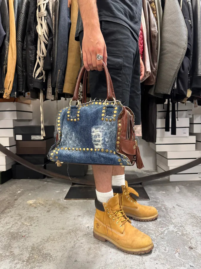 Dolce & Gabbana Blue Distressed Denim Studded Brown Leather Zips Bag NMAgxHM 1