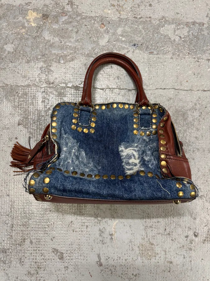 Dolce & Gabbana Blue Distressed Denim Studded Brown Leather Zips Bag NMAgxHM 3