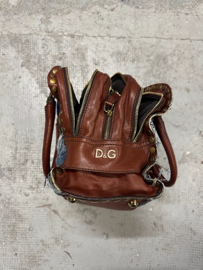 Dolce & Gabbana Blue Distressed Denim Studded Brown Leather Zips Bag NMAgxHM 5