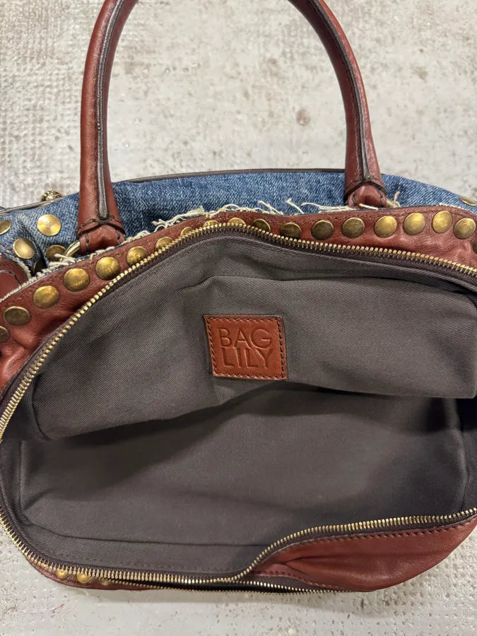 Dolce & Gabbana Blue Distressed Denim Studded Brown Leather Zips Bag NMAgxHM 7