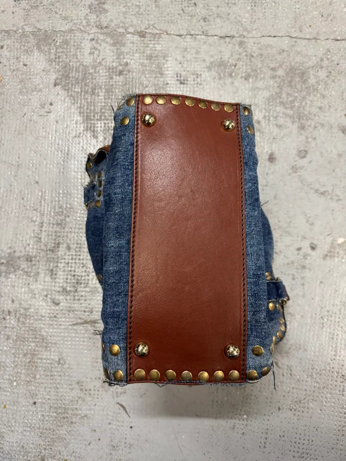 Dolce & Gabbana Blue Distressed Denim Studded Brown Leather Zips Bag NMAgxHM 8
