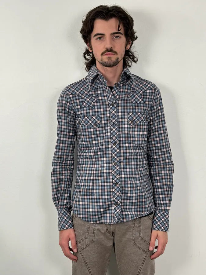 AW2011 Dolce & Gabbana Blue Plaid Cotton Western Shirt MIiZwrD 1