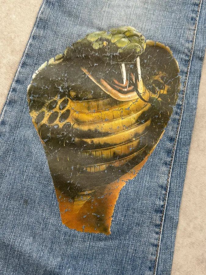 AW2004 Dolce & Gabbana Blue Roaring Twenties Print Flared Jeans fpdQJja 7