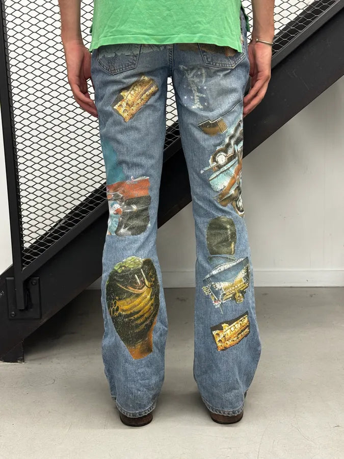 AW2004 Dolce & Gabbana Blue Roaring Twenties Print Flared Jeans fpdQJja 1