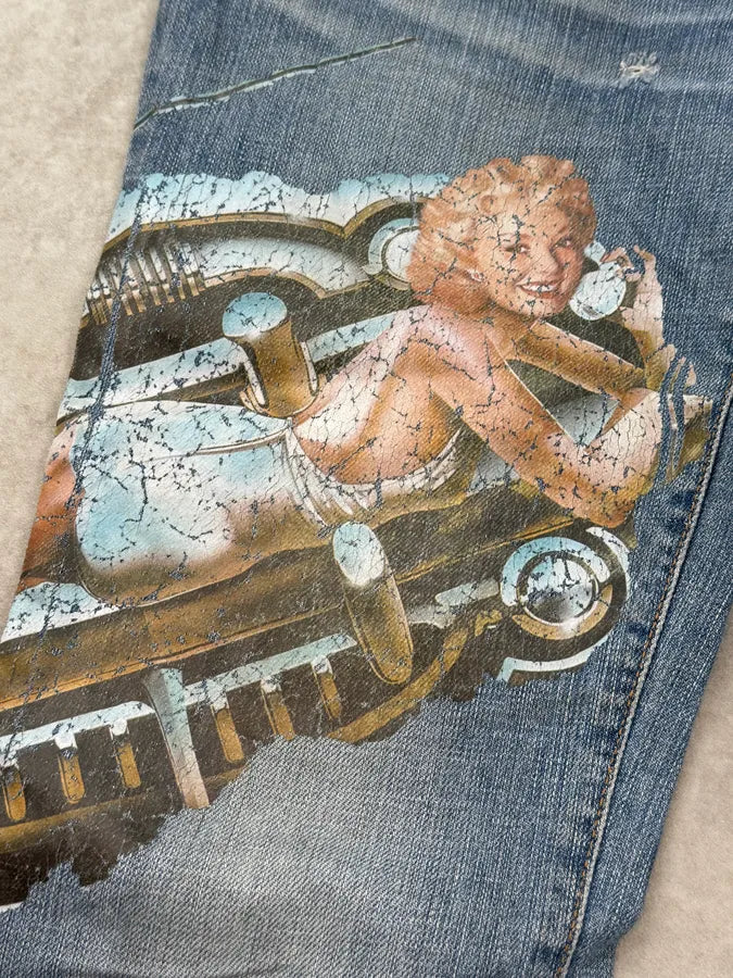 AW2004 Dolce & Gabbana Blue Roaring Twenties Print Flared Jeans fpdQJja 8