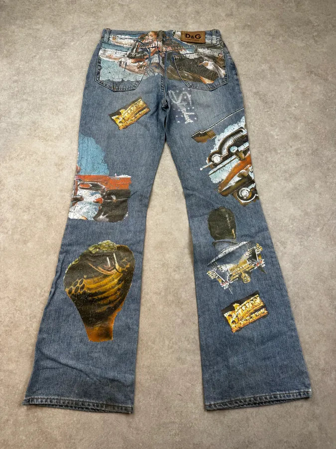 AW2004 Dolce & Gabbana Blue Roaring Twenties Print Flared Jeans fpdQJja 4
