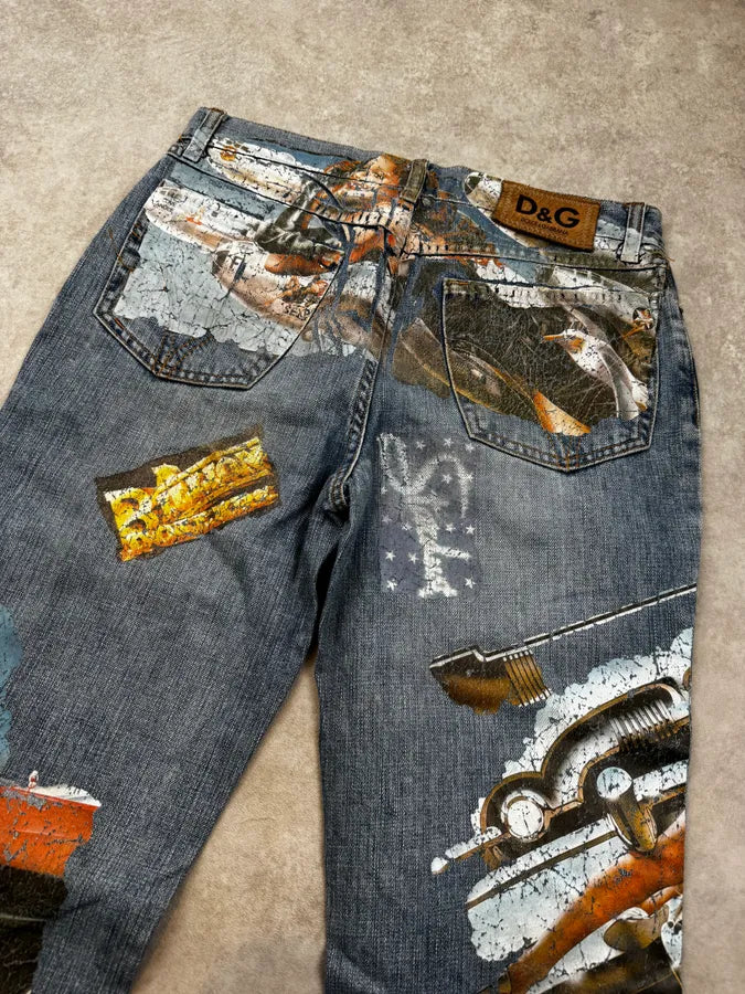 AW2004 Dolce & Gabbana Blue Roaring Twenties Print Flared Jeans fpdQJja 6