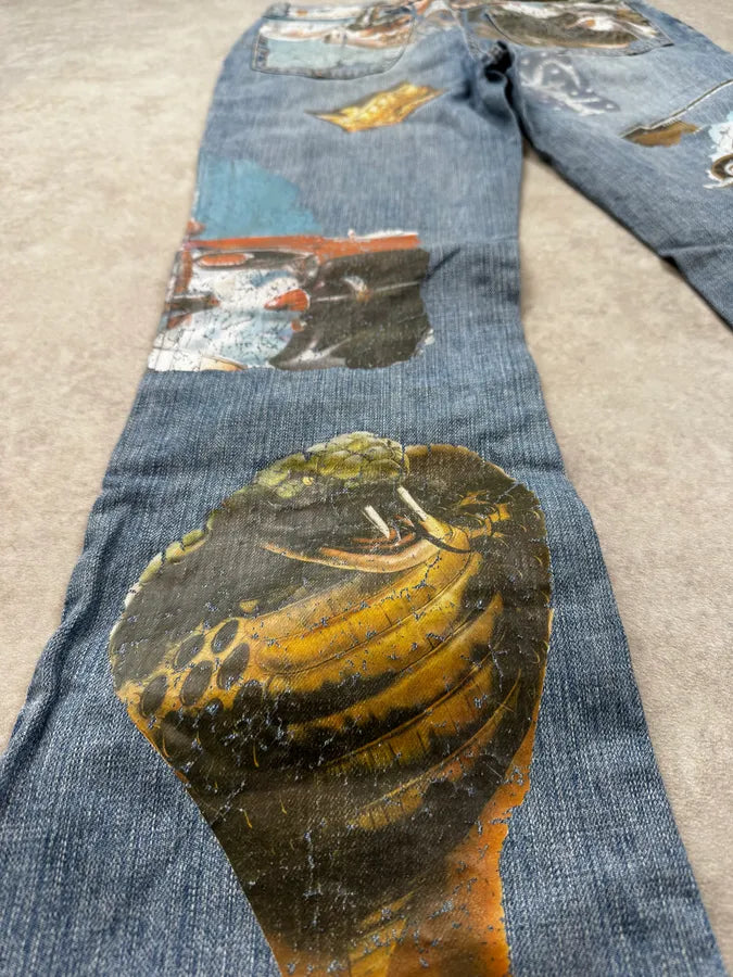 AW2004 Dolce & Gabbana Blue Roaring Twenties Print Flared Jeans fpdQJja 9