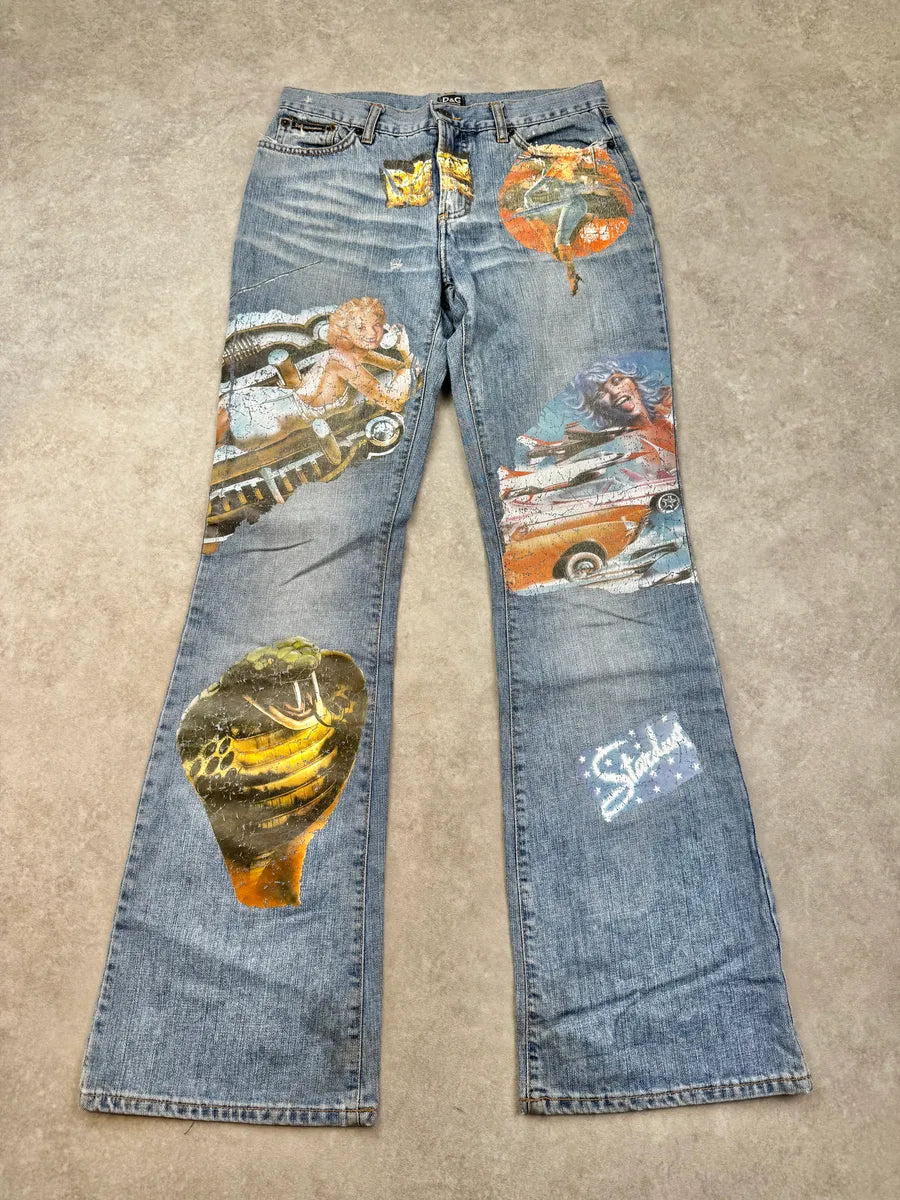 AW2004 Dolce & Gabbana Blue Roaring Twenties Print Flared Jeans fpdQJja 3