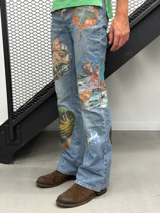 AW2004 Dolce & Gabbana Blue Roaring Twenties Print Flared Jeans fpdQJja 2