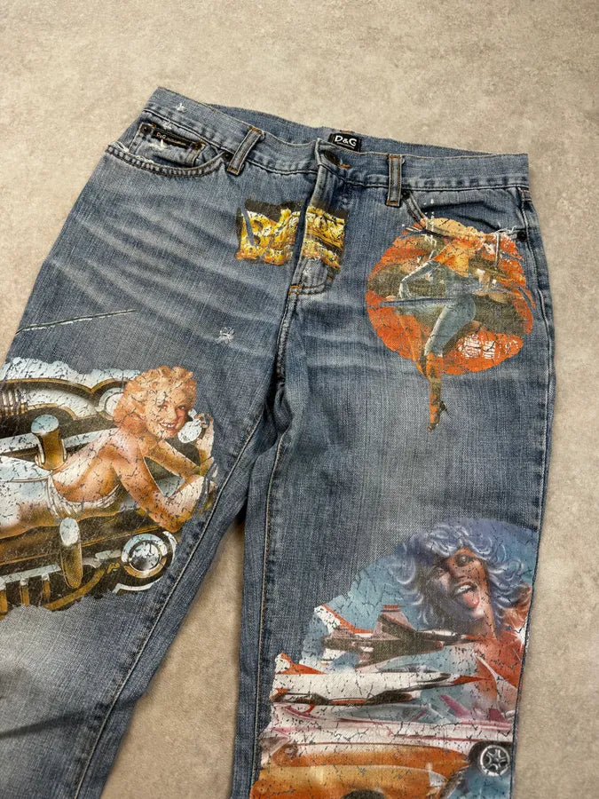 AW2004 Dolce & Gabbana Blue Roaring Twenties Print Flared Jeans fpdQJja 5