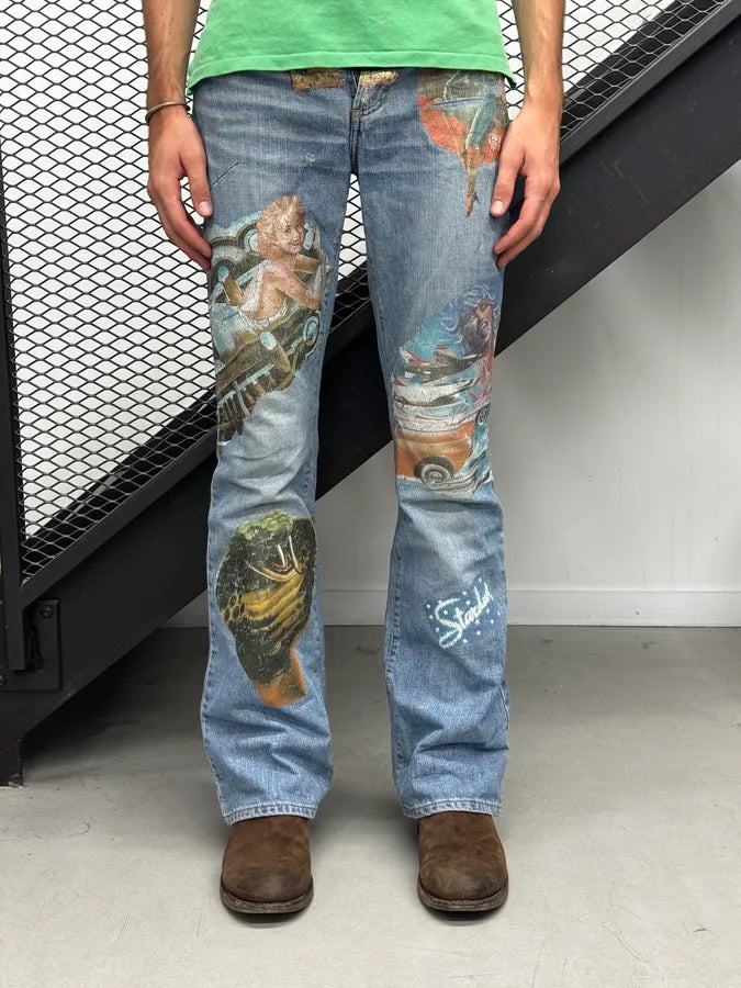 AW2004 Dolce & Gabbana Blue Roaring Twenties Print Flared Jeans fpdQJja 0