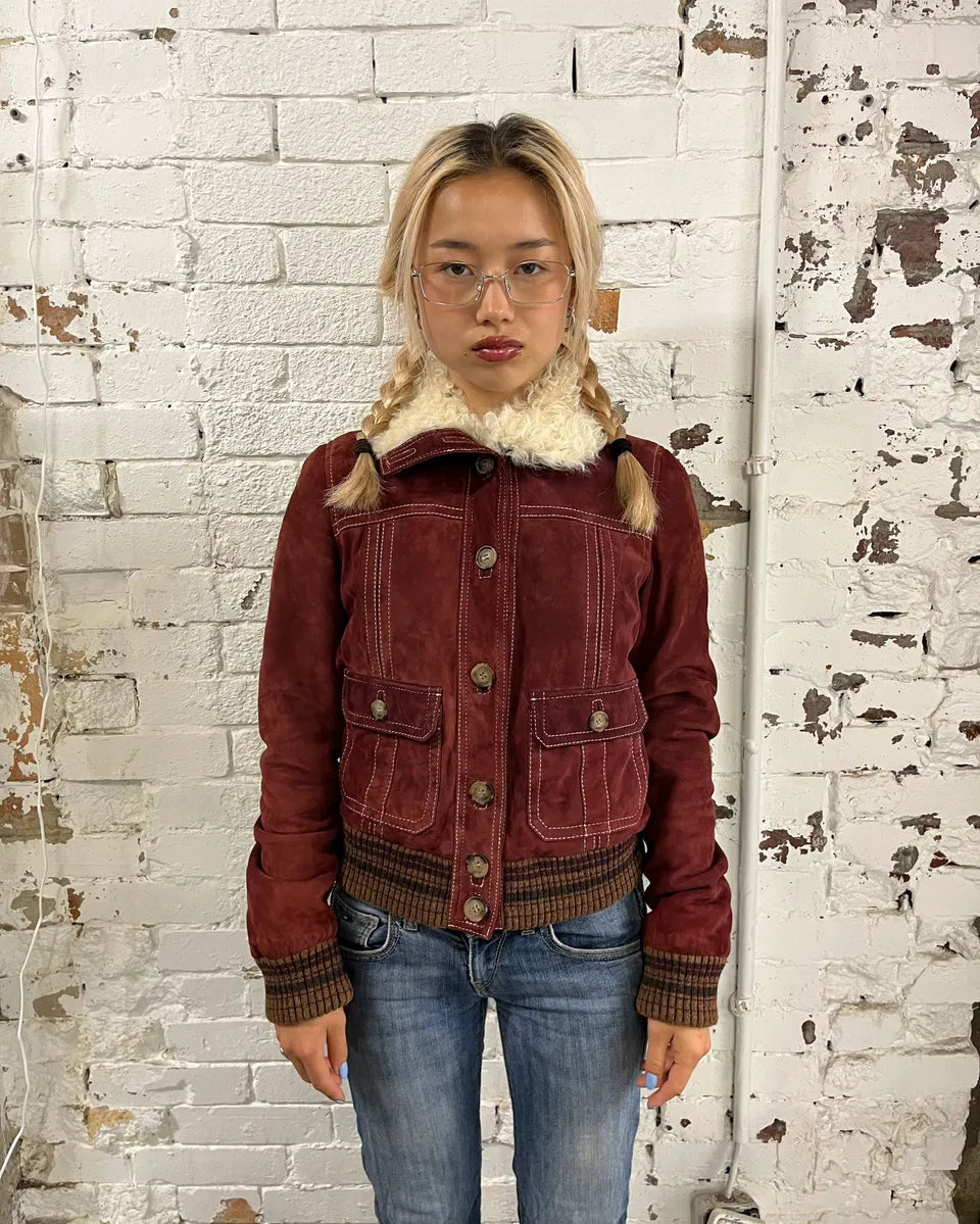 2000s Dolce & Gabbana Bordeaux Sherpa Collar Leather Jacket  kVmCSPK 1