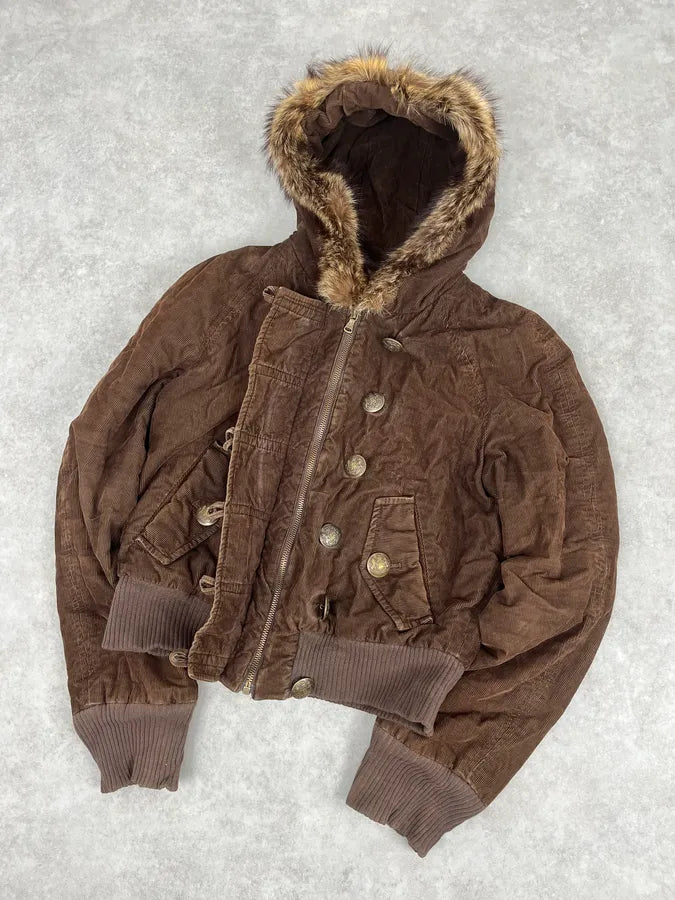 2000s Dolce & Gabbana Brown Corduroy Fur Hooded Bomber Jacket CSselIs 3