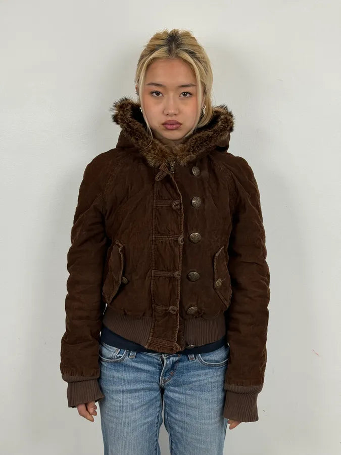 2000s Dolce & Gabbana Brown Corduroy Fur Hooded Bomber Jacket CSselIs 1