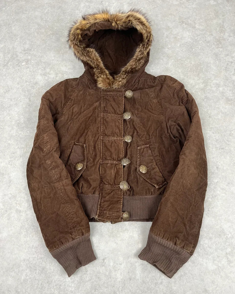 2000s Dolce & Gabbana Brown Corduroy Fur Hooded Bomber Jacket CSselIs 0