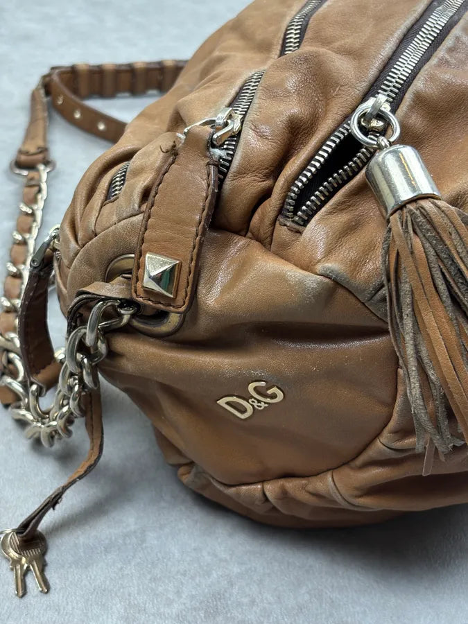 SS2010 Dolce & Gabbana Brown Leather Zip Bowling Shoulder Bag oMsiYeK 9