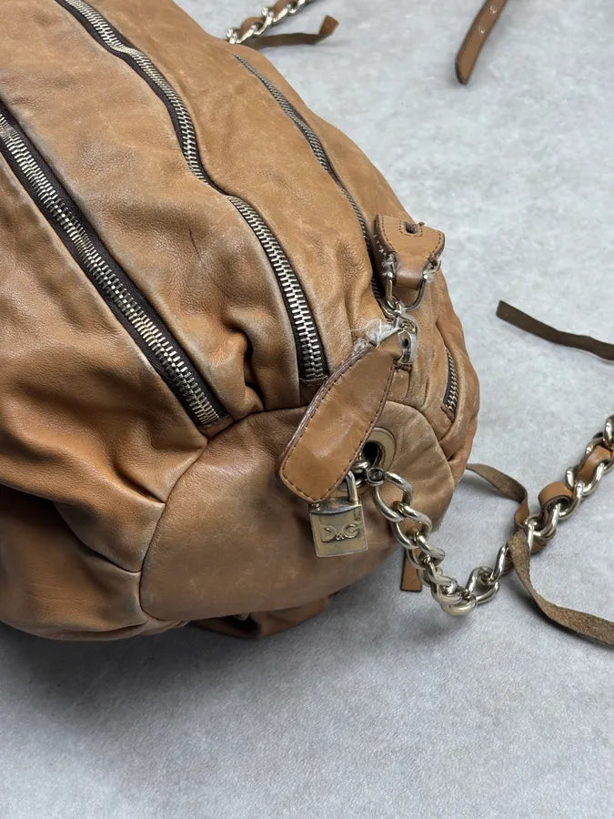 SS2010 Dolce & Gabbana Brown Leather Zip Bowling Shoulder Bag oMsiYeK 6