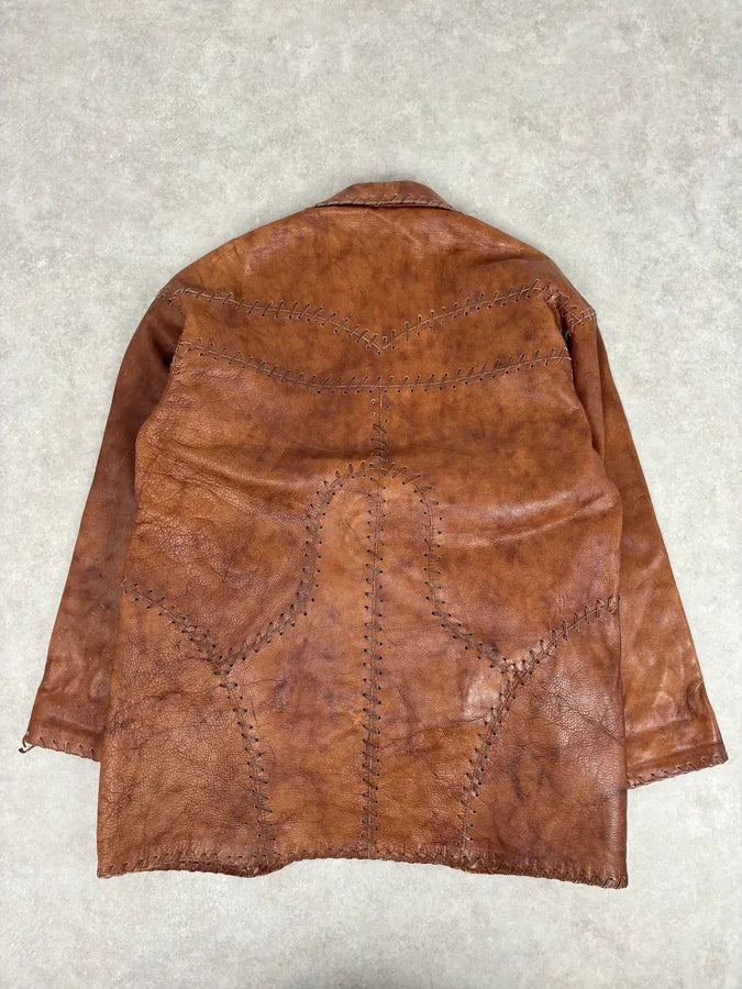 1990s Dolce & Gabbana Whipstitched Brown Leather Jacket zobyGlv 4