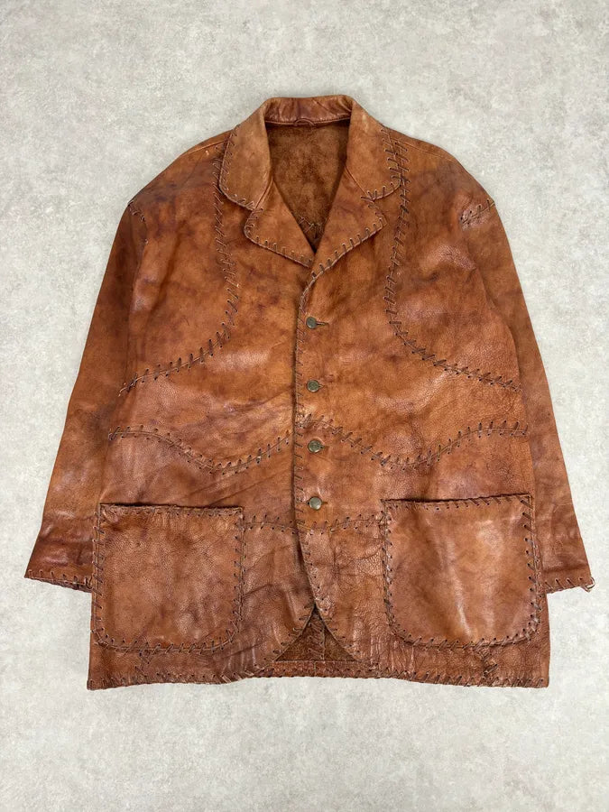 1990s Dolce & Gabbana Whipstitched Brown Leather Jacket zobyGlv 0