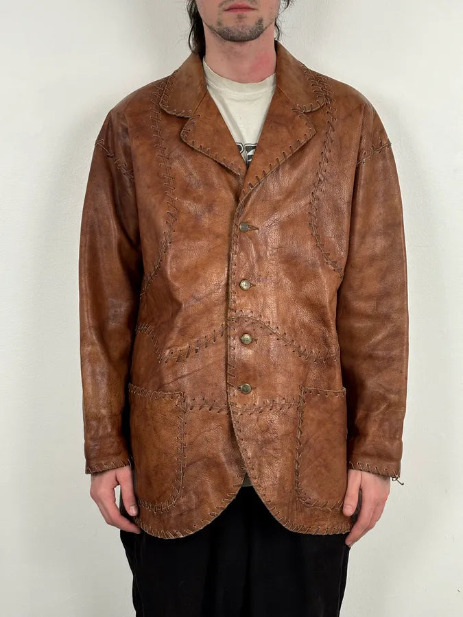 1990s Dolce & Gabbana Whipstitched Brown Leather Jacket zobyGlv 1