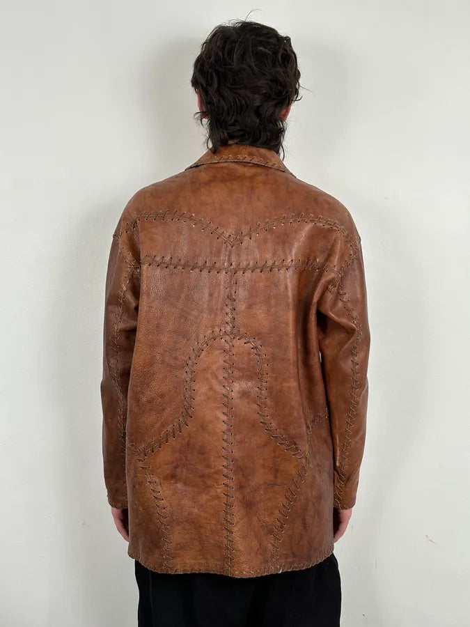1990s Dolce & Gabbana Whipstitched Brown Leather Jacket zobyGlv 2
