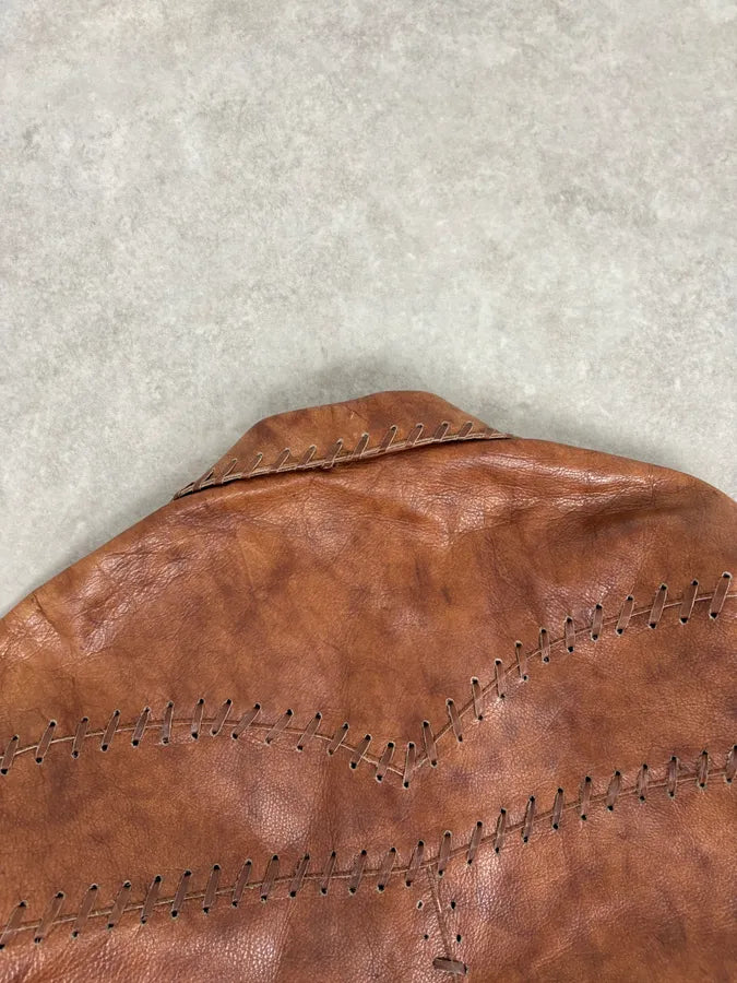 1990s Dolce & Gabbana Whipstitched Brown Leather Jacket zobyGlv 5