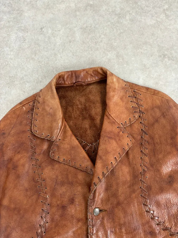 1990s Dolce & Gabbana Whipstitched Brown Leather Jacket zobyGlv 3