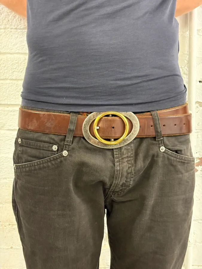 2000s Dolce & Gabbana Brown Leather Oval Buckle Belt DJeBTFa 1