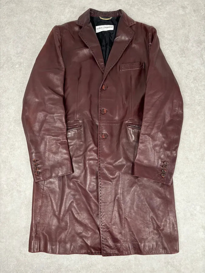 1990s Dolce & Gabbana Burgundy Leather Long Coat  lnIxYhv 0