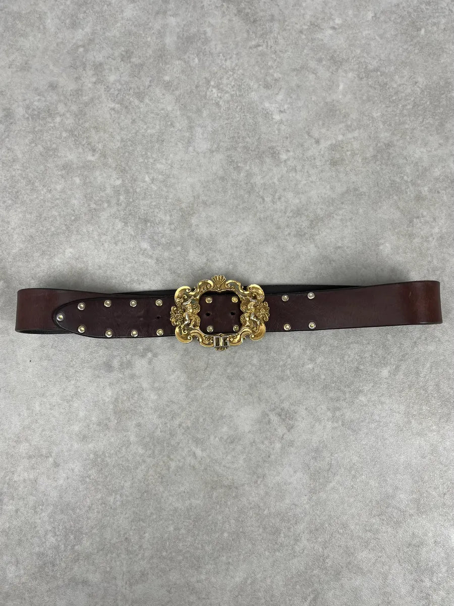 AW2006 Dolce & Gabbana Dark Brown Leather Baroque Angel Studded Belt kuXvQuX 2