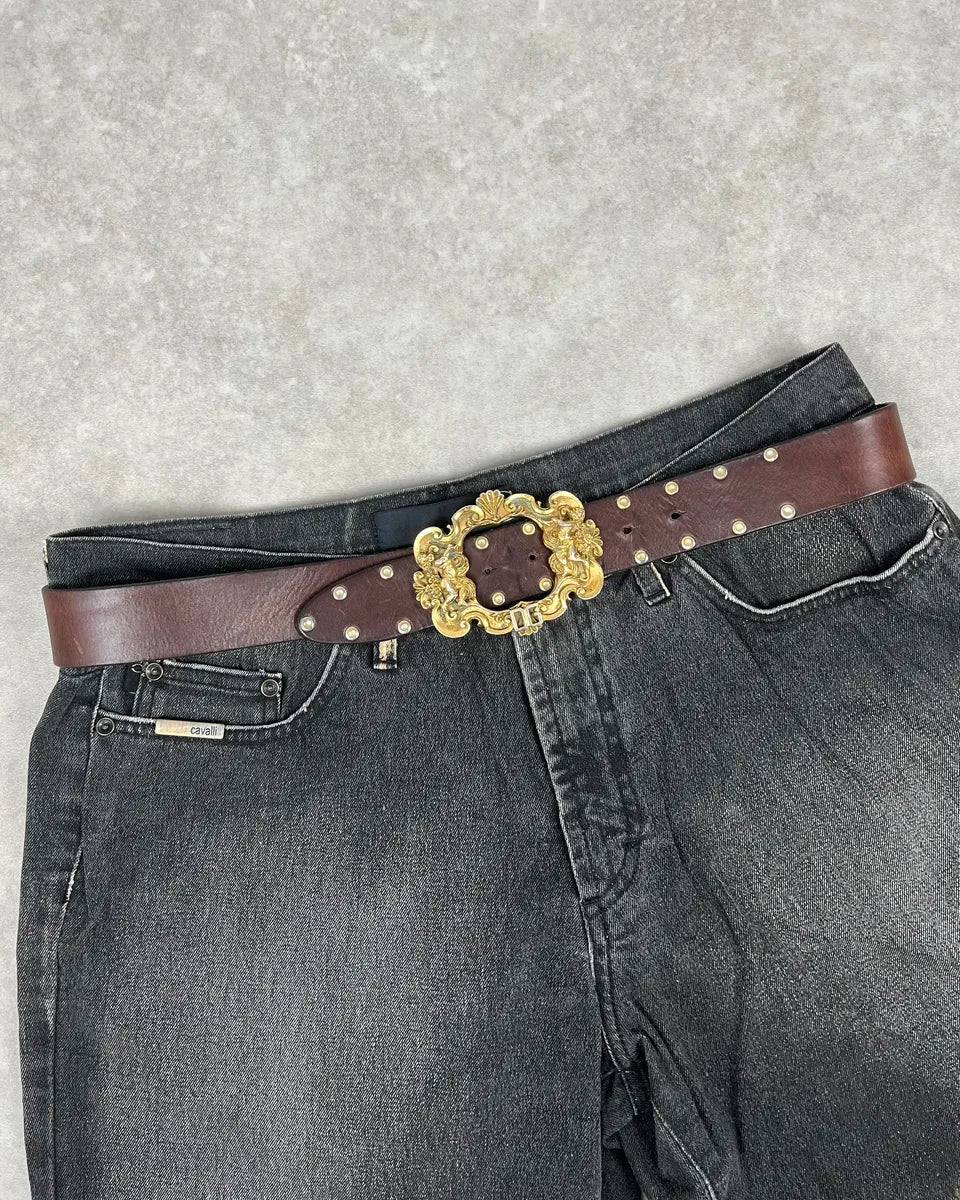 AW2006 Dolce & Gabbana Dark Brown Leather Baroque Angel Studded Belt kuXvQuX 0