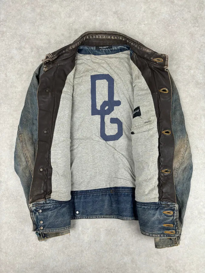 AW2003 Dolce & Gabbana Layered Leather & Faded Denim Jacket VkDbQHy 11