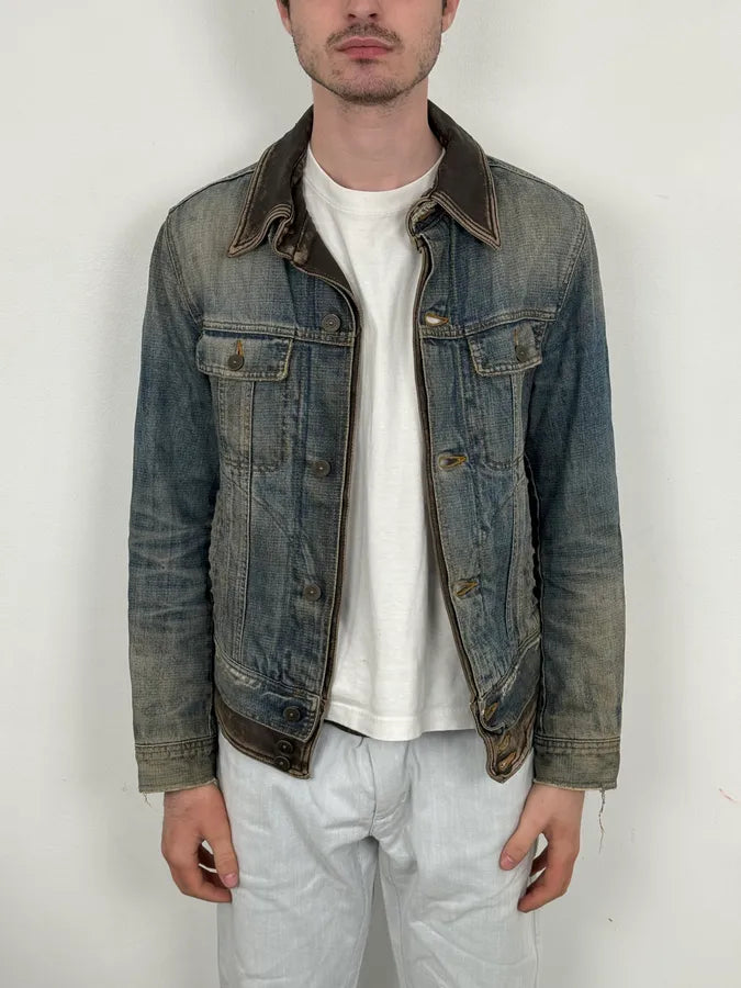 AW2003 Dolce & Gabbana Layered Leather & Faded Denim Jacket VkDbQHy 1