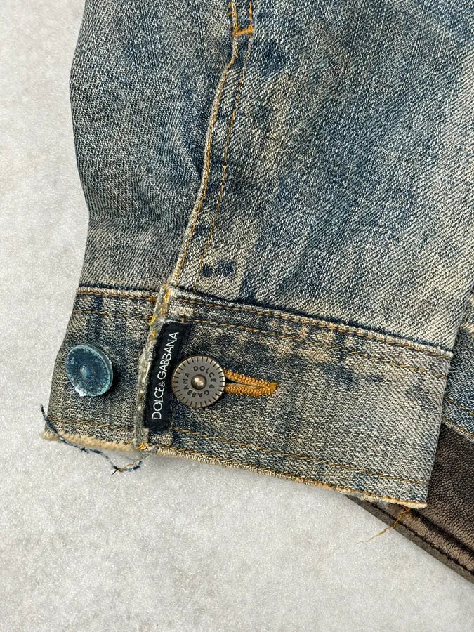 AW2003 Dolce & Gabbana Layered Leather & Faded Denim Jacket VkDbQHy 9