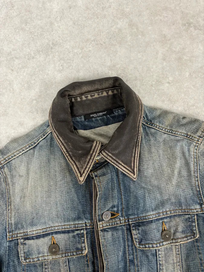 AW2003 Dolce & Gabbana Layered Leather & Faded Denim Jacket VkDbQHy 3