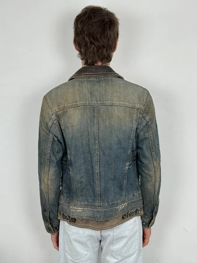 AW2003 Dolce & Gabbana Layered Leather & Faded Denim Jacket VkDbQHy 2