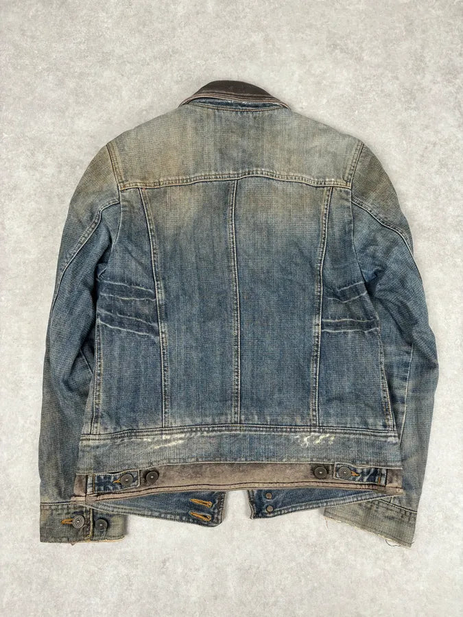 AW2003 Dolce & Gabbana Layered Leather & Faded Denim Jacket VkDbQHy 4