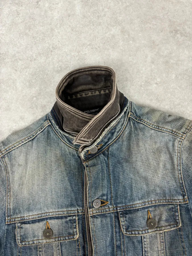 AW2003 Dolce & Gabbana Layered Leather & Faded Denim Jacket VkDbQHy 7