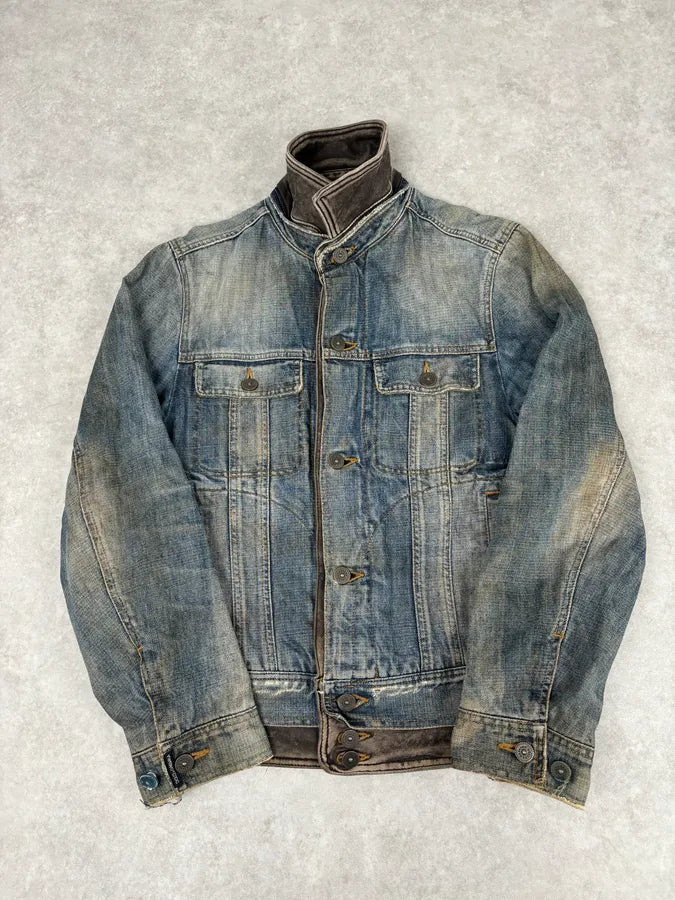 AW2003 Dolce & Gabbana Layered Leather & Faded Denim Jacket VkDbQHy 6